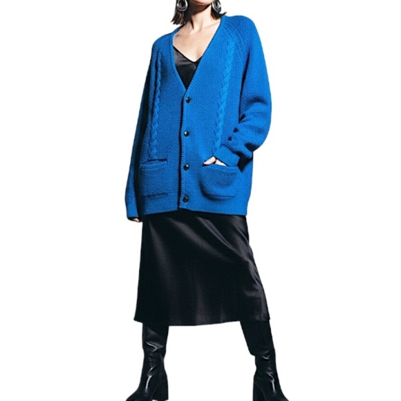 Vintage 50s 60s pure wool cobalt blue cable knit grandpa cardigan sweater L - Picture 4 of 16